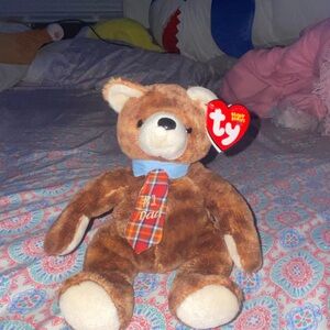 Ty Fathers Day Brown Bear with Blue Bow and Plaid Tie